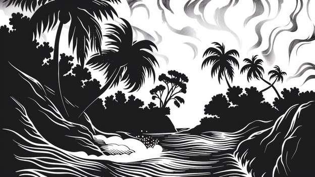 A black and white drawing of a river with palm trees