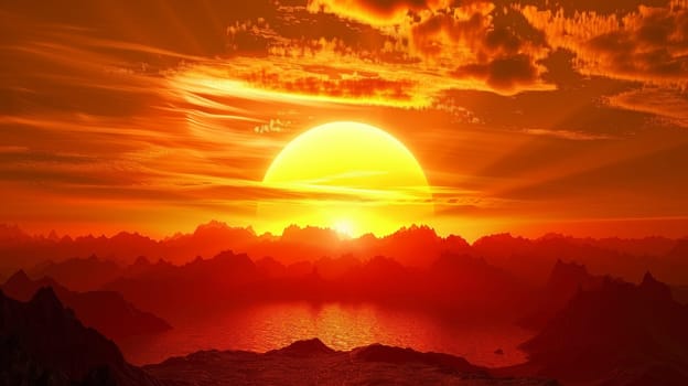 A sunset over a mountain range with water and clouds
