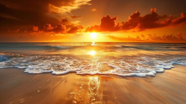 A sunset over the ocean with waves crashing on shore