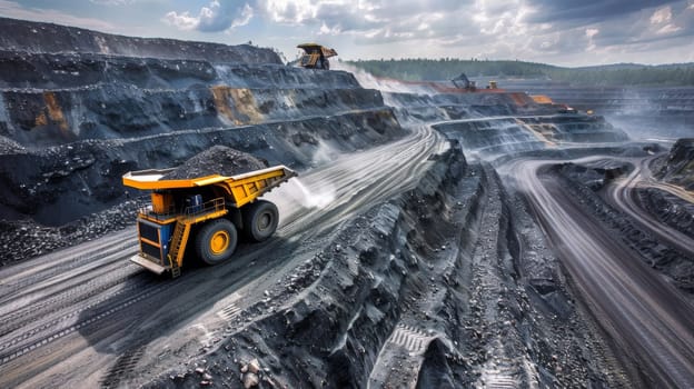 A dump truck is driving through a quarry with rocks