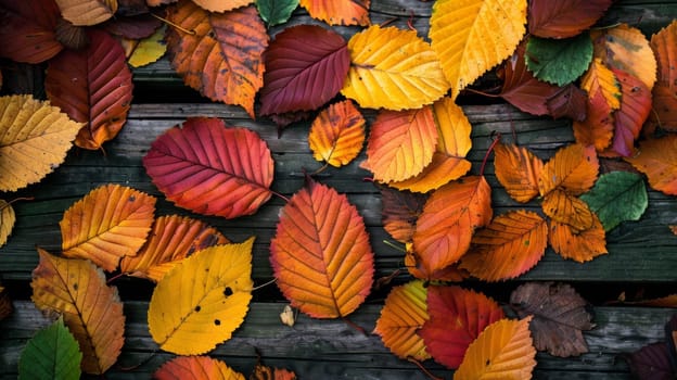 A bunch of leaves are laying on top of a wooden table