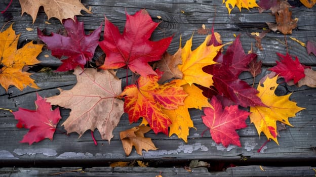 A bunch of different colored leaves laying on a wooden table