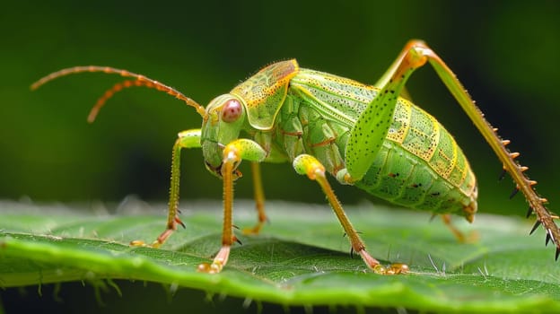 A close up of a green bug on top of some leaves