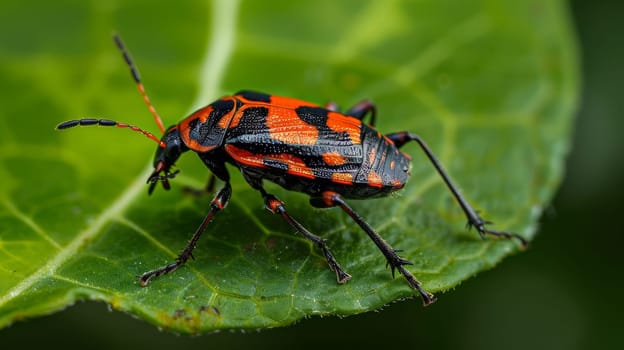 A bug with black and orange markings on a leaf