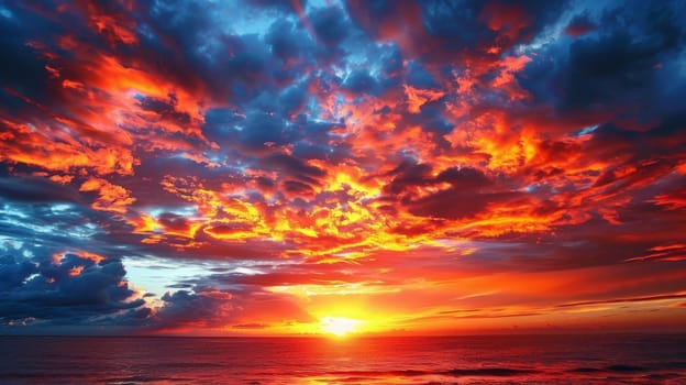 A sunset over the ocean with a bright orange sky
