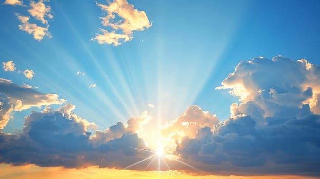A sun is shining through the clouds in a blue sky