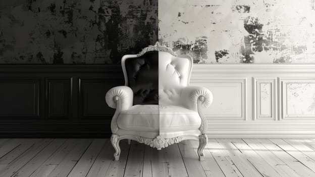 A chair in a room with black and white paint on the walls