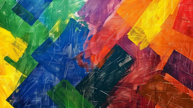 A close up of a painting with many colors and shapes