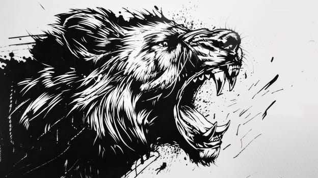 A black and white drawing of a bear with its mouth open