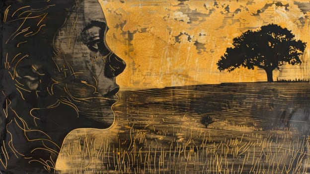 A painting of a woman's face with the silhouette of an oak tree in the background