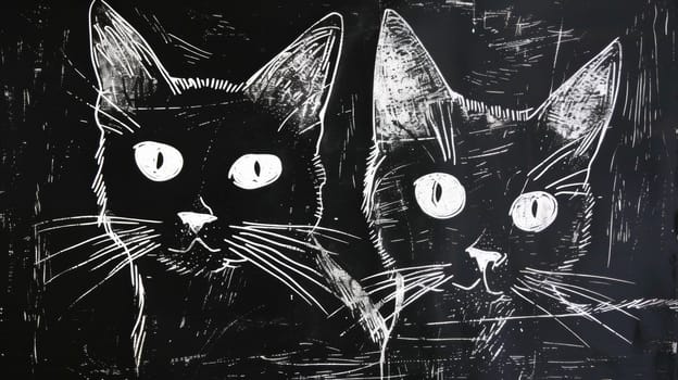 A black and white drawing of two cats with big eyes