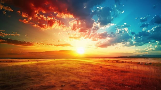 A sunset over a large open field with some animals