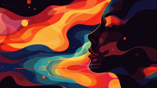 A woman's face is shown in a colorful painting