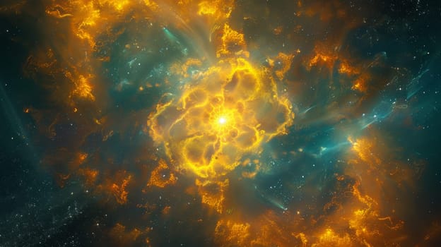 A large orange and yellow star in space with a bright blue background