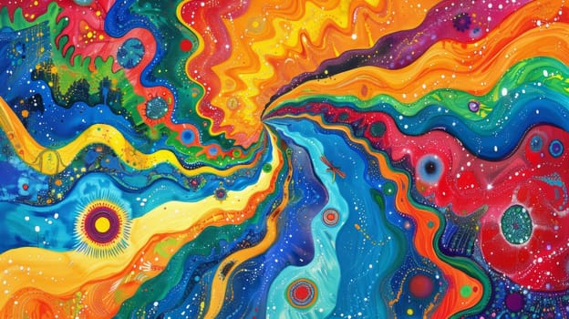 A painting of a colorful abstract design with swirls and waves