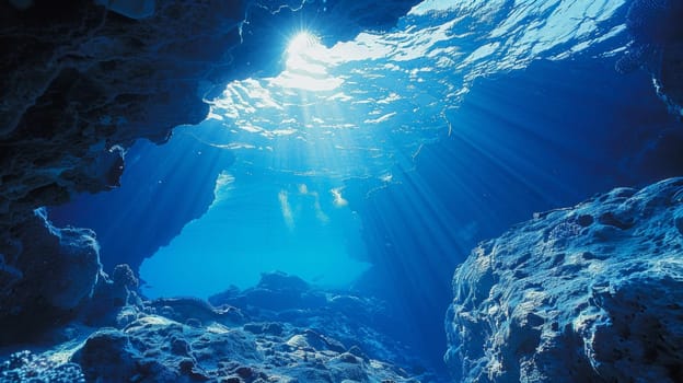 A view of a blue ocean with sunlight shining through the water