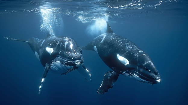 Two whales swimming in the ocean with their dorsal fins up