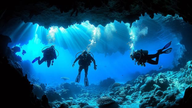 Three scuba divers are swimming through a cave filled with coral