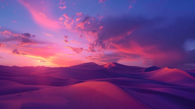 A desert scene with a pink sky and purple clouds