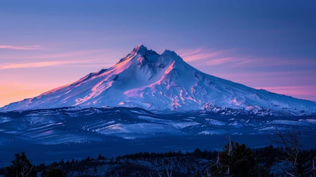 A mountain covered in snow is seen at sunset