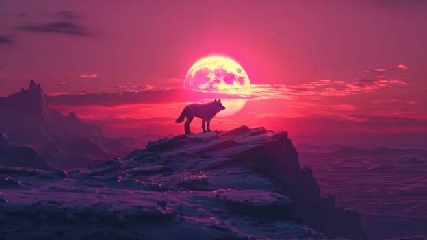 A lone wolf standing on a cliff looking at the sun