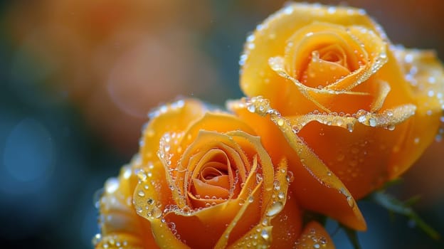Two yellow roses with water droplets on them are shown