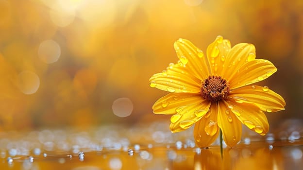 A yellow flower with water droplets on it in a field
