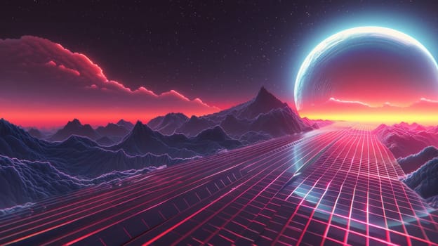 A futuristic looking image of a planet and moon in the sky