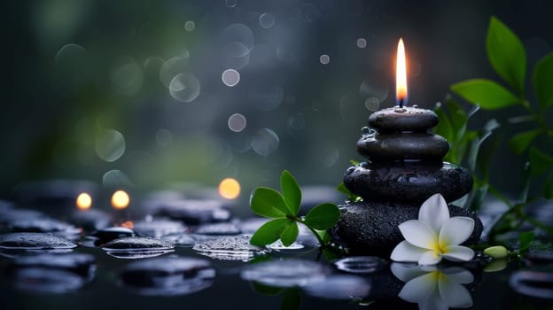 A candle lit on a stone with flowers and water