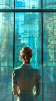 A woman in a white suit looking out of large windows