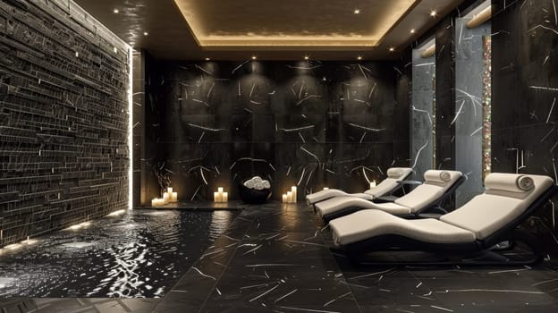 A spa room with a pool and candles in the corner