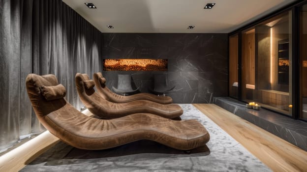 A room with a large couch and two chairs in it