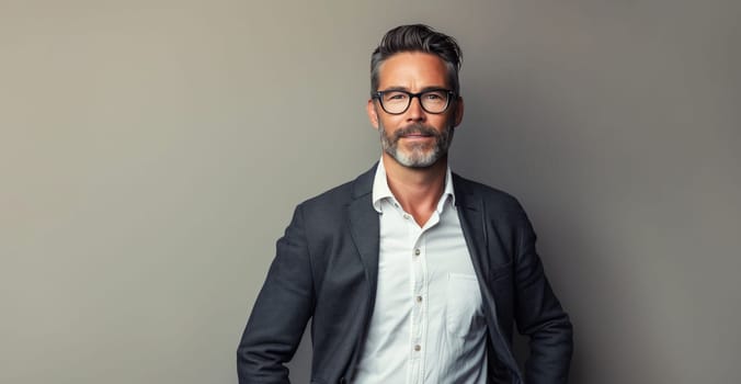Portrait of bearded handsome successful mature businessman wearing business suit, glasses, looking at camera posing on gray studio background