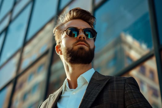 Handsome successful young man wearing business suit and sunglasses posing on city street