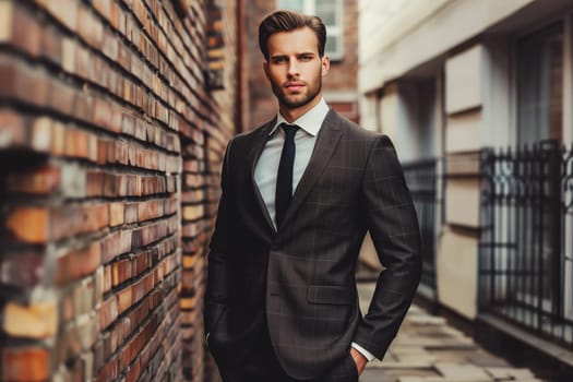 Handsome successful young man wearing business suit posing on city street