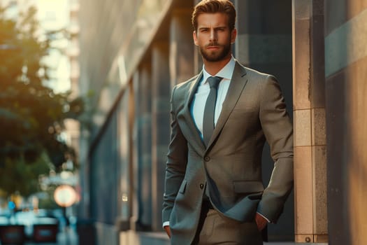 Handsome successful young man wearing business suit posing on city street