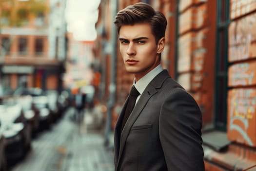 Handsome successful young man wearing business suit posing on city street