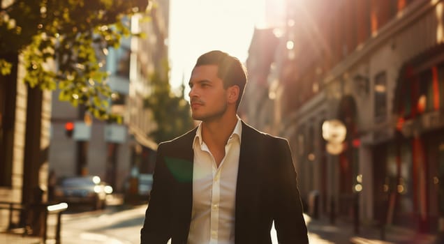 Handsome successful young man wearing business suit posing on city street
