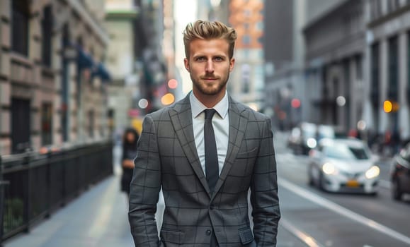 Handsome successful young man wearing business suit posing on city street
