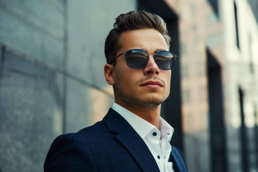 Handsome successful young man wearing business suit and sunglasses posing on city street