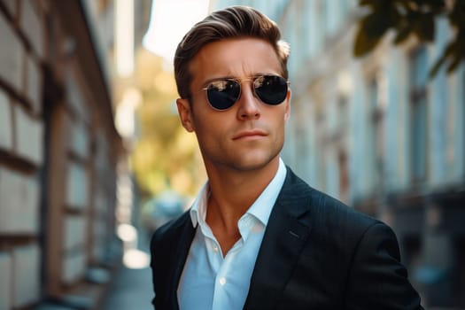 Handsome successful young man wearing business suit and sunglasses posing on city street