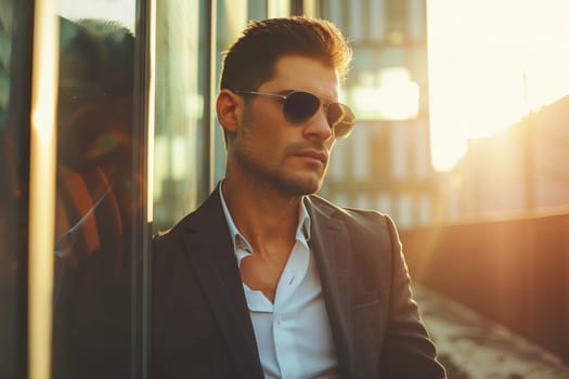 Handsome successful young man wearing business suit and sunglasses posing on city street
