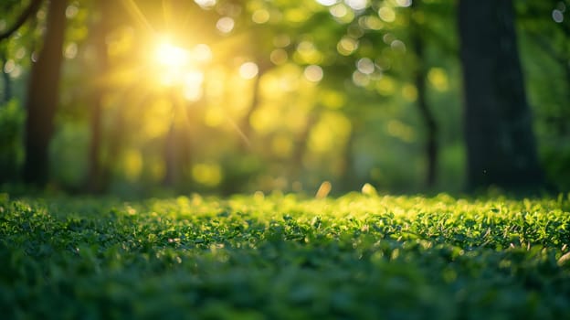 The warm glow of sunrise peeks through a lush forest, illuminating the vibrant green foliage on the ground - Generative AI