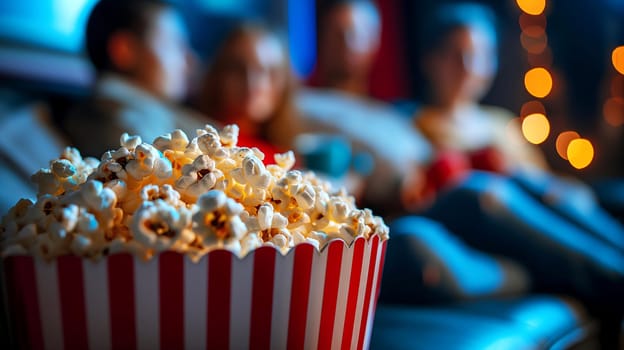 Friends are gathered in a cozy movie theater setting, focused on the screen as they share a large tub of popcorn during a film screening - Generative AI