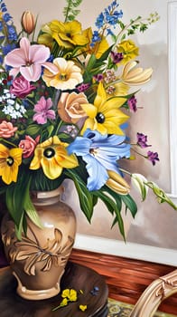 A beautiful arrangement of yellow flowers in a vase on a table, showcasing creative arts and flower arranging skills. The bouquet brightens up the room with its vibrant colors and delicate petals