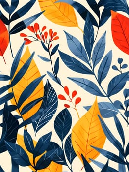 The creative arts come alive in this textile with a seamless pattern of azure and orange leaves on a white background, creating a botanicalinspired design perfect for sleeves or rectangles