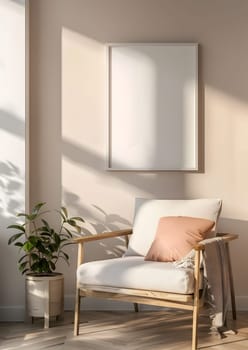 An inviting living room with a comfortable chair, elegant picture frame on the wall, and a lush houseplant in a stylish flowerpot. The warm wood floors add to the cozy interior design of the house