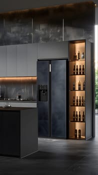 A kitchen with black cabinetry, a sleek refrigerator, and shelves filled with bottles. The modern fixtures complement the wood accents in the house