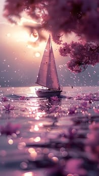 A violet sailboat glides on the fluid surface of the water, framed by cherry blossom trees under a clear sky with fluffy white clouds