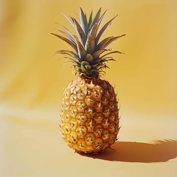 A pineapple, also known as Ananas, is a tropical fruit that belongs to the plant family Arecales. It is a natural food ingredient that sits on a yellow surface